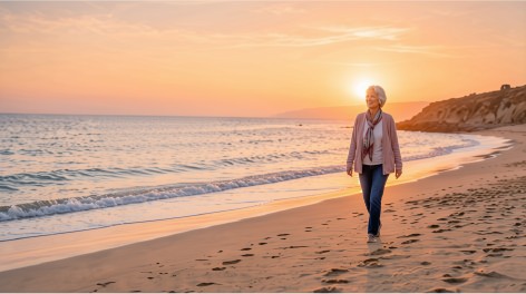 Two women walking together on a beach at sunset