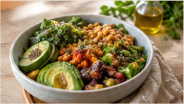 A colorful bowl of vegetables and plant foods